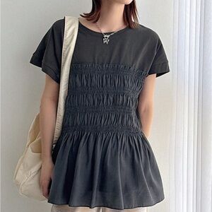 Dark gray short sleeve shirred ruched shirt